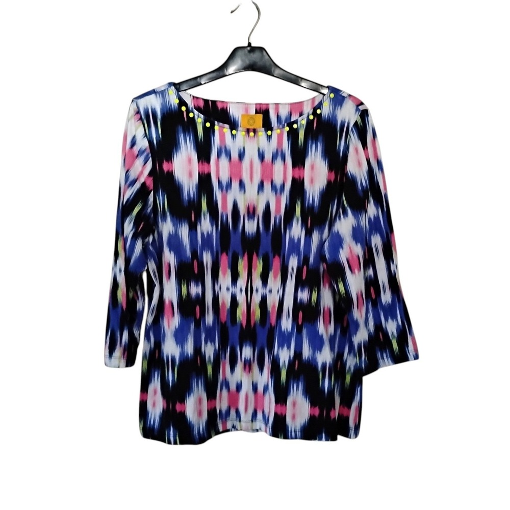 Ruby Rd Womens XL Blue Pink Ikat Print 3/4 Sleeve Studded Neck Knit Top Shirt